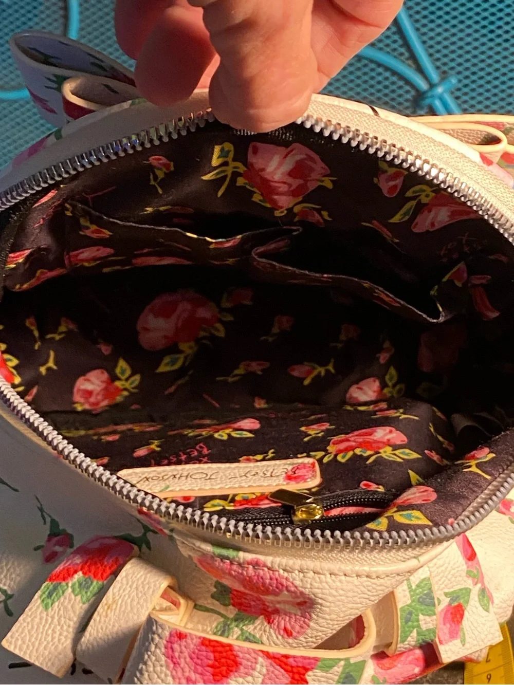 Adorable Betsey Johnson small back pack,white quilted,pink floral/logo print